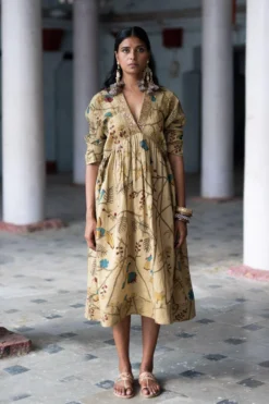 Archana Jaju V Neck Chanderi Kalamkari Dress