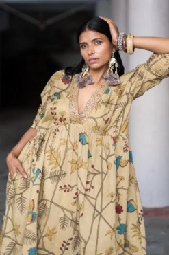 Archana Jaju V Neck Chanderi Kalamkari Dress -Inca Clothing Shop aj re 10 5