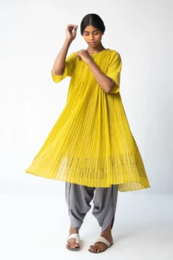 Urvashi Kaur Micropleated Yellow Cotton Dress