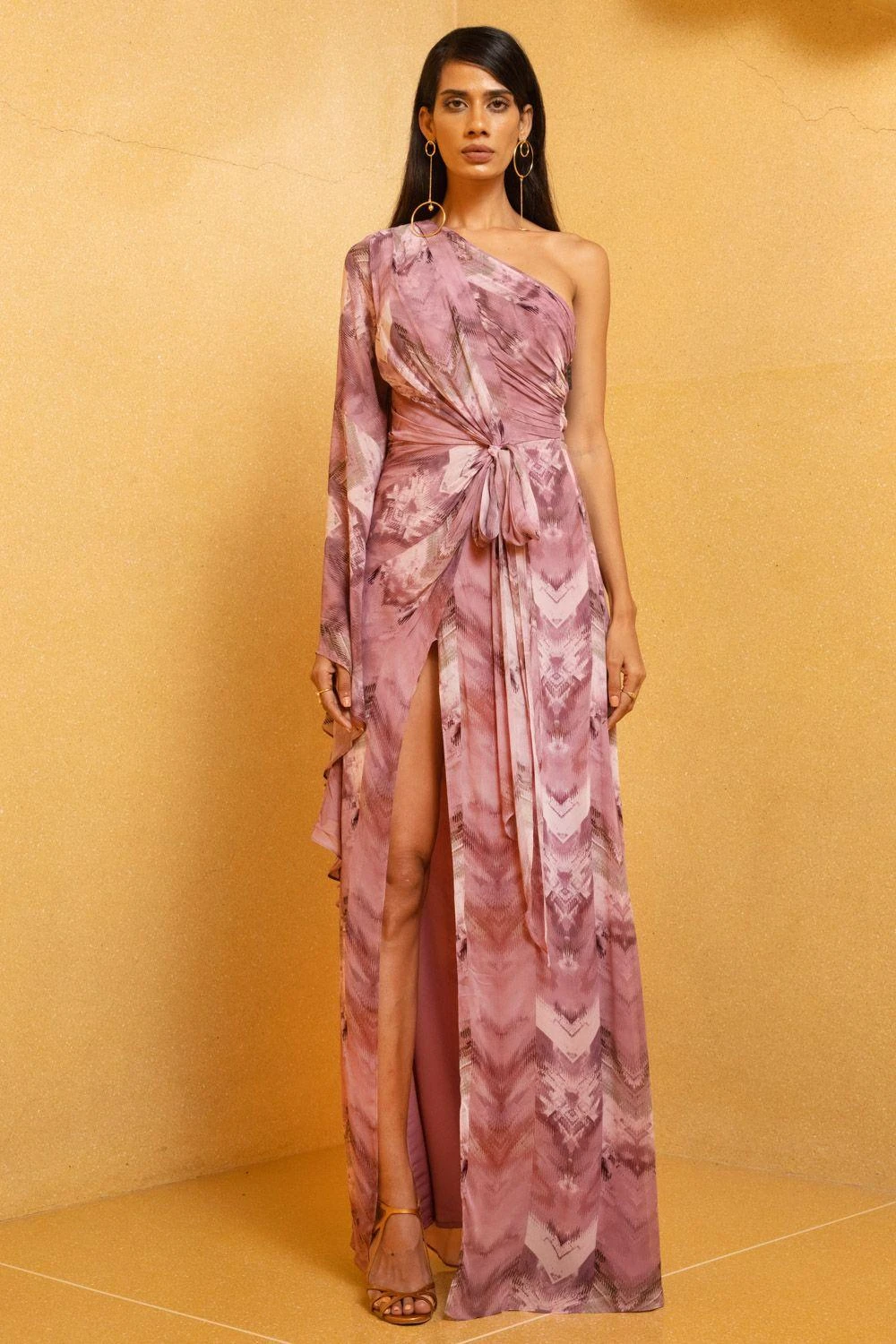 Nikita Mhaisalkar Lilac Floss Print One Shoulder Slit Dress 1 Nikita Mhaisalkar Lilac Floss Print One Shoulder Slit Dress