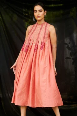 Chandrima Coral Chanderi Pleated Dress
