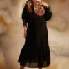 Chandrima Black Chanderi Beadwork Kimono Gathered Dress