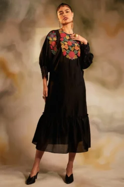 Chandrima Black Chanderi Beadwork Kimono Gathered Dress