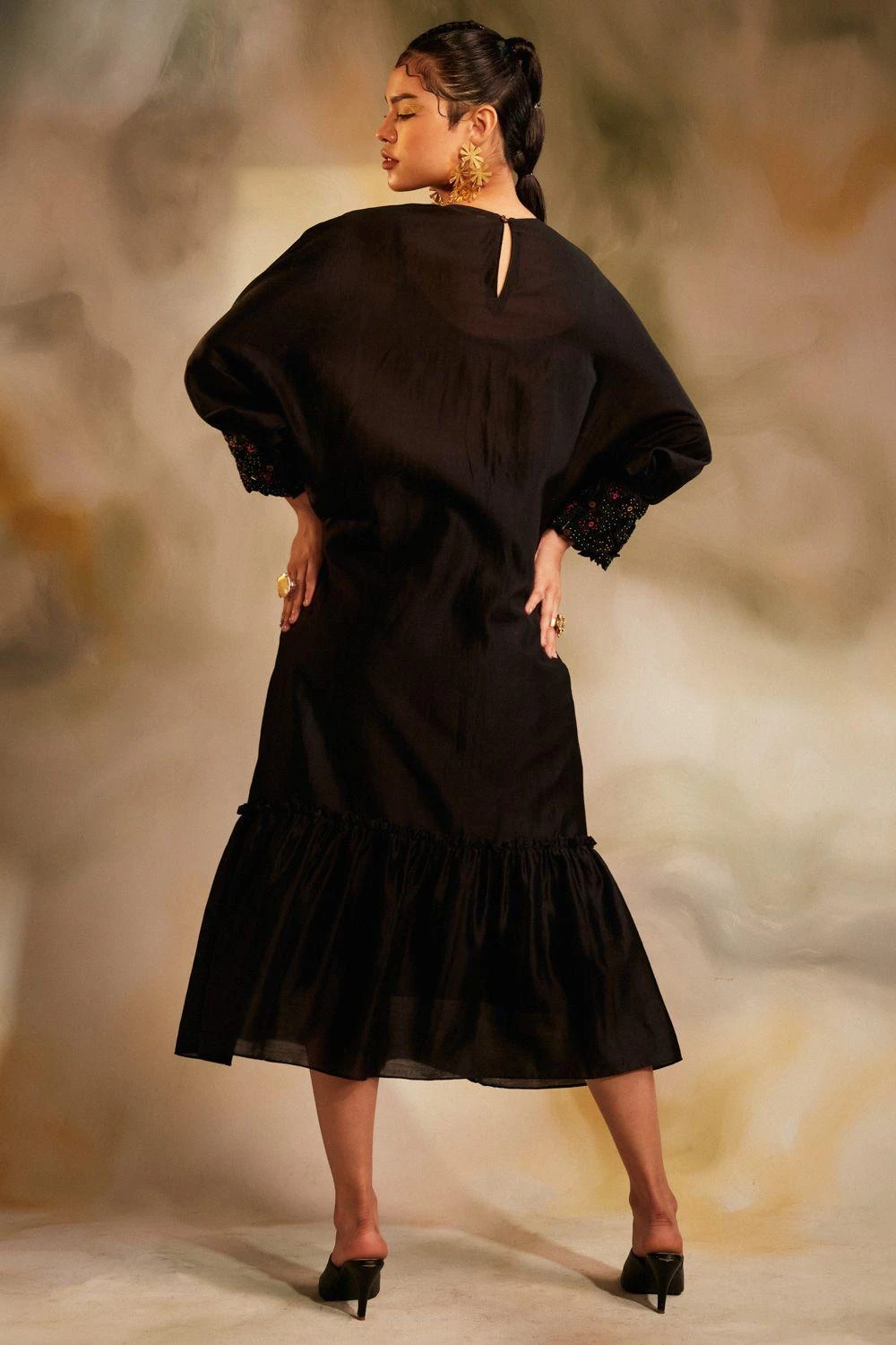 Chandrima Black Chanderi Beadwork Kimono Gathered Dress 3 Chandrima Black Chanderi Beadwork Kimono Gathered Dress - Image 3