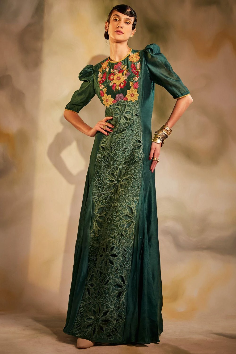 Chandrima Emerald Green Cutwork Maxi Dress 1 Chandrima Emerald Green Cutwork Maxi Dress