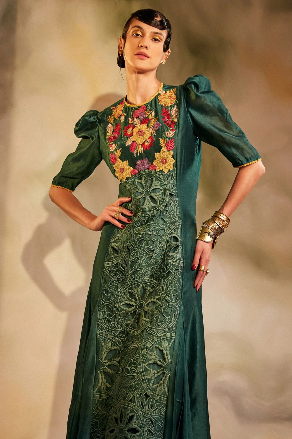 Chandrima Emerald Green Cutwork Maxi Dress 2 Chandrima Emerald Green Cutwork Maxi Dress - Image 2