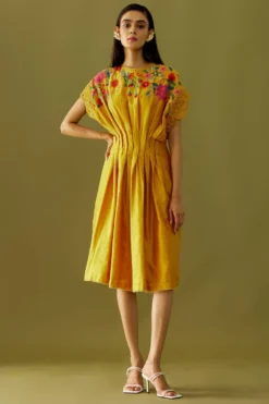 Chandrima Yellow Applique Beadwork Pleated Dress