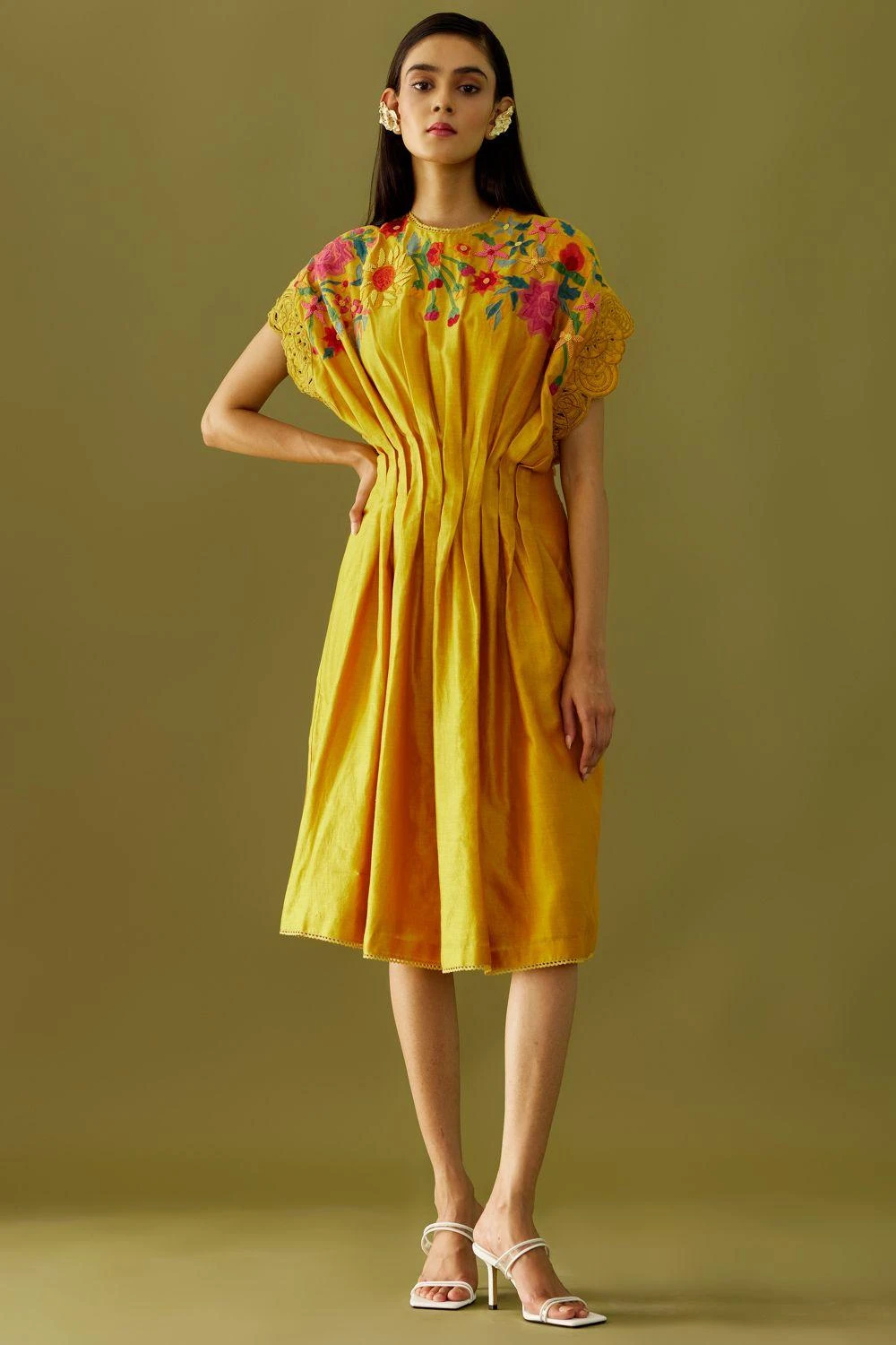 Chandrima Yellow Applique Beadwork Pleated Dress 1 Chandrima Yellow Applique Beadwork Pleated Dress