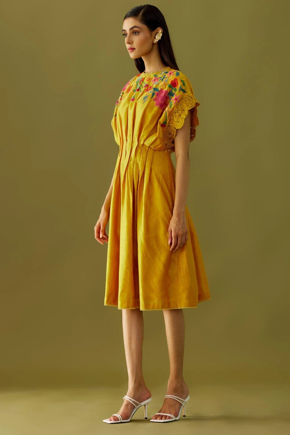 Chandrima Yellow Applique Beadwork Pleated Dress 2 Chandrima Yellow Applique Beadwork Pleated Dress - Image 2