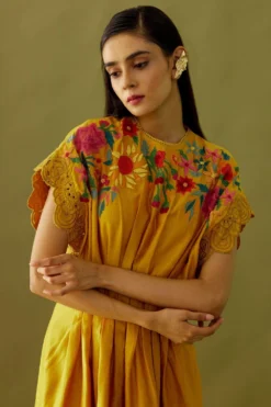 Chandrima Yellow Applique Beadwork Pleated Dress 7 Chandrima Yellow Applique Beadwork Pleated Dress -Inca Clothing Shop ch1103 3