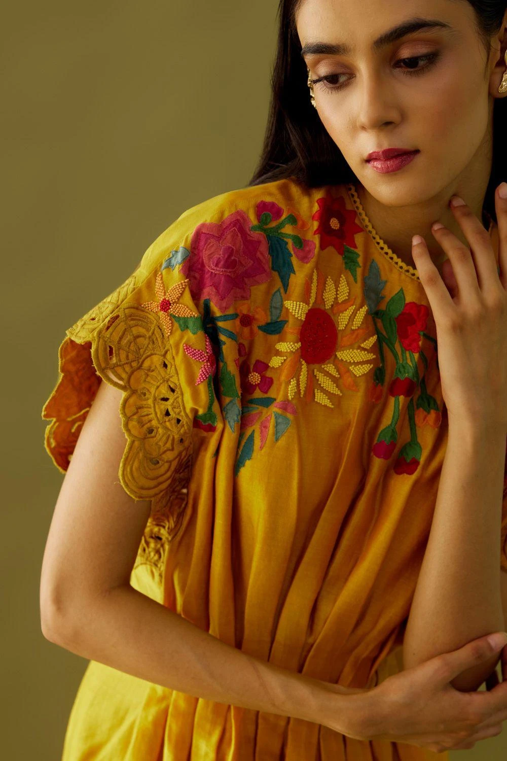 Chandrima Yellow Applique Beadwork Pleated Dress 4 Chandrima Yellow Applique Beadwork Pleated Dress - Image 4