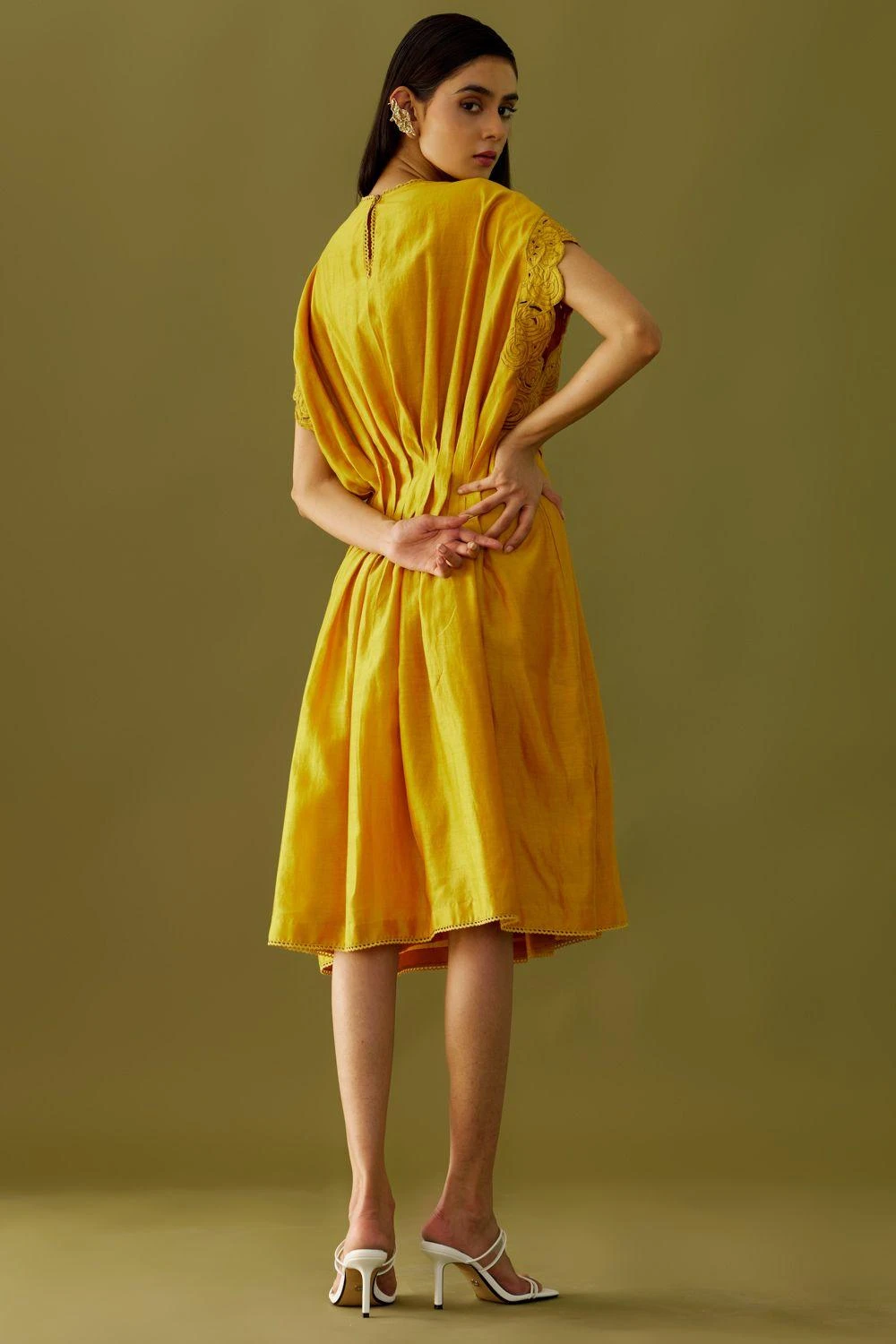 Chandrima Yellow Applique Beadwork Pleated Dress 5 Chandrima Yellow Applique Beadwork Pleated Dress - Image 5