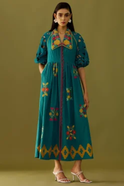Chandrima Teal Applique & Beadwork Midi Dress
