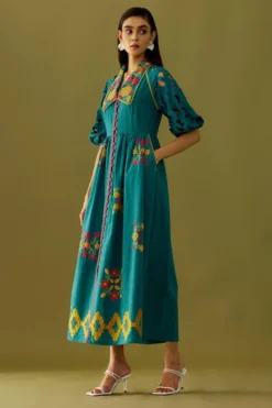 Chandrima Teal Applique & Beadwork Midi Dress -Inca Clothing Shop ch1106 3