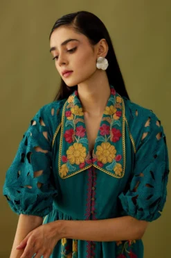 Chandrima Teal Applique & Beadwork Midi Dress -Inca Clothing Shop ch1106 5