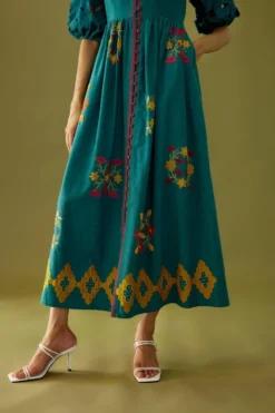 Chandrima Teal Applique & Beadwork Midi Dress -Inca Clothing Shop ch1106 6