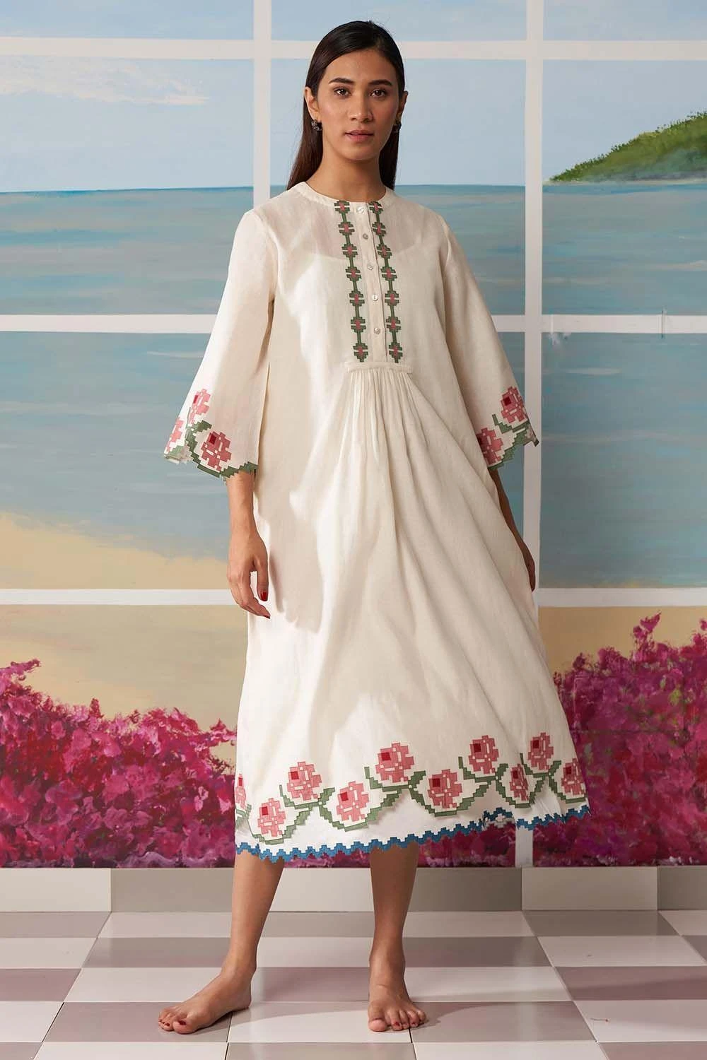 Ikai Ivory Dress With Floral Applique Details 1 Ikai Ivory Dress With Floral Applique Details
