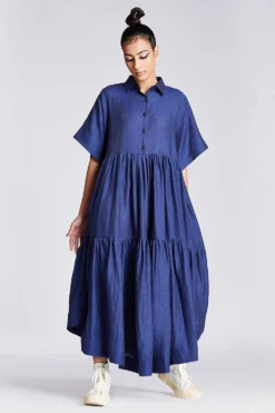 Chola Navy Linen Tiered Dress