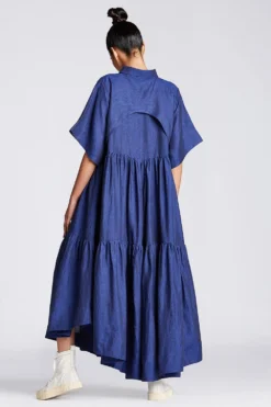 Chola Navy Linen Tiered Dress -Inca Clothing Shop dr0066l 3