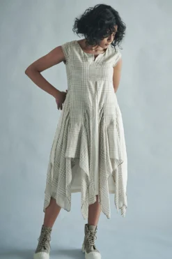 SWGT Handwoven Checkered Cotton Cascade Dress