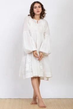 Ekadi Ecru Cotton Silk Embroidered Dress