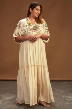 Half Full Curve Ecru Floral Embroidered Maxi Dress