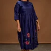 Half Full Curve Navy Floral Embroidered Dress