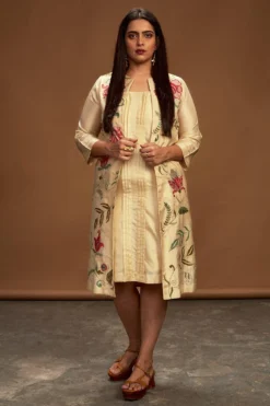 Half Full Curve Ecru Floral Embroidered Dress