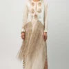 Heirloom By Rara Avis Ivory Embroidered Column Dress With Fringed Gilet