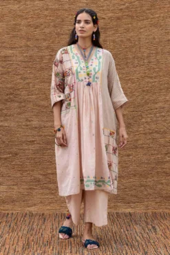 Sunira Designs Pink Jamdani Muslin Yoke Dress