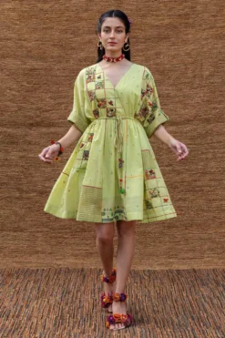 Sunira Designs Green Embroidered Drawstring Dress