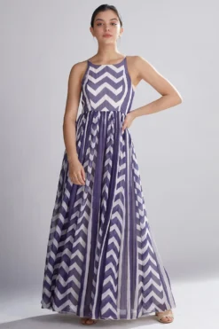KoAi Purple Zigzag And Striped Maxi Dress