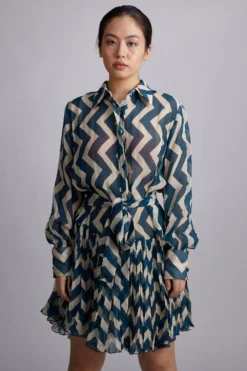 KoAi Teal Zig-zag Shirt Dress