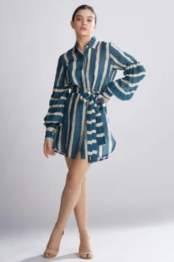 KoAi Teal Striped Shirt Dress