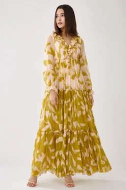 KoAi Peach & Mustard Floral Dual Print Long Dress