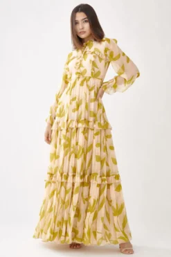 KoAi Peach & Mustard Floral Tiered Maxi Dress