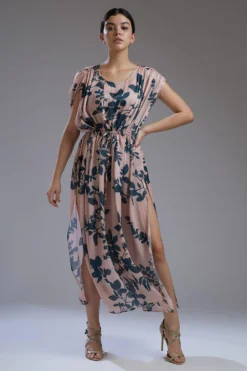 KoAi Satin Silk Peach & Teal Floral Kaftan Dress