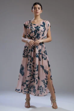 KoAi Satin Silk Peach & Teal Floral Kaftan Dress -Inca Clothing Shop koss2012 2