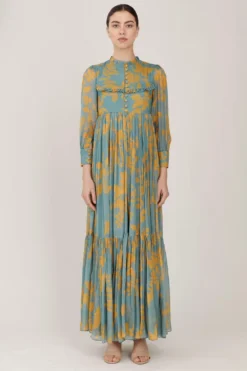 KoAi Blue & Mustard Floral Frill Maxi Dress
