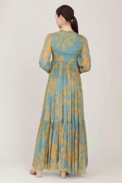KoAi Blue & Mustard Floral Frill Maxi Dress -Inca Clothing Shop koss21031 4