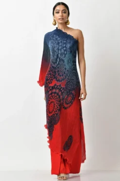 Kiran Uttam Ghosh Navy & Red Ombre Printed One Shoulder Dress