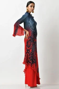 Kiran Uttam Ghosh Navy & Red Ombre Printed One Shoulder Dress -Inca Clothing Shop kug1021007 3