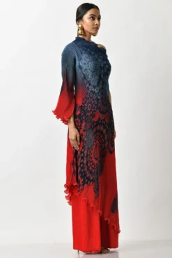 Kiran Uttam Ghosh Navy & Red Ombre Printed One Shoulder Dress -Inca Clothing Shop kug1021007 4