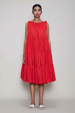 Mati Red Midi Dress With Voluminous Layers