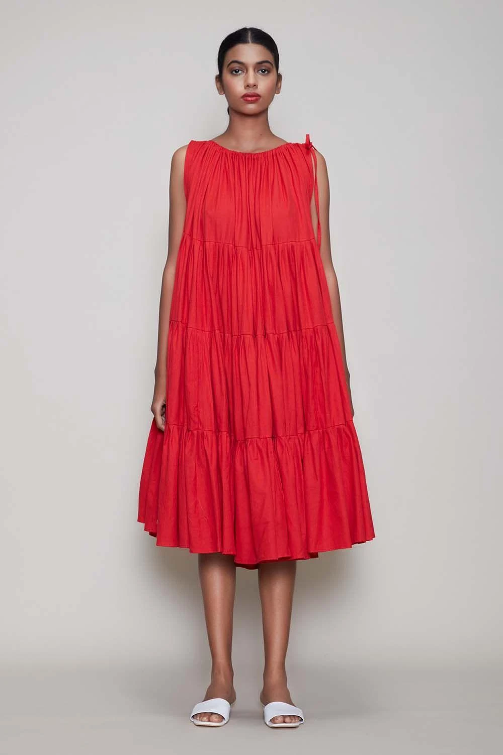 Mati Red Midi Dress With Voluminous Layers 1 Mati Red Midi Dress With Voluminous Layers