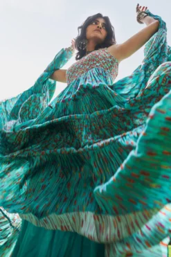 Punit Balana Turquoise Satin Silk Tiered Dress -Inca Clothing Shop pbwf 13 3 1