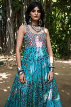 Punit Balana Turquoise Satin Silk Tiered Dress -Inca Clothing Shop pbwf 13 4 1
