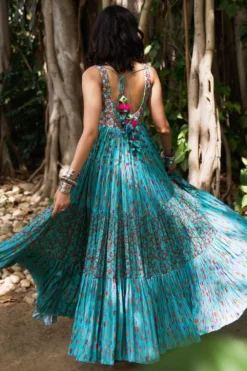 Punit Balana Turquoise Satin Silk Tiered Dress -Inca Clothing Shop pbwf 13 5 1