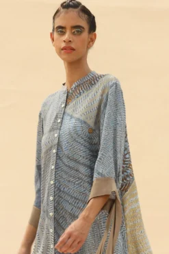 Abhishek Sharma Shirt Dress With Tie-up Sleeve Detailing -Inca Clothing Shop psh04blue 5