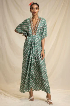 Rajdeep Ranawat Printed Kaftan Dress With Mirrorwork Neckline -Inca Clothing Shop rr 812 3